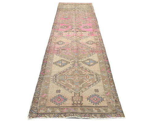 11 Ft Vintage Brown Persian Style Hand Knotted Low Pile Wool Runner Rug